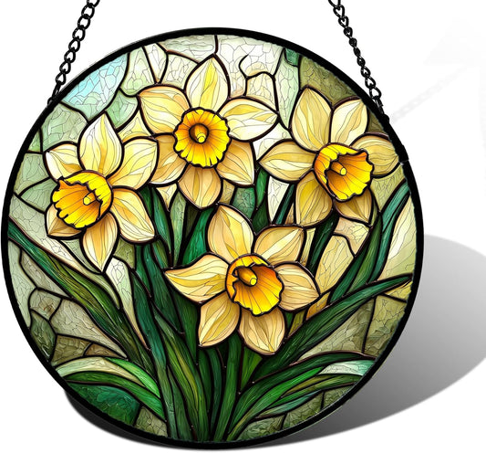 Stained Glass Window Hanging, Daffodil Plant Flowers Sun Catchers Diamond Glass Panel Hangings Suncatcher Decor for Birthday for Women, Men, Wife, Aunt,and Mom 9.8X9.8IN