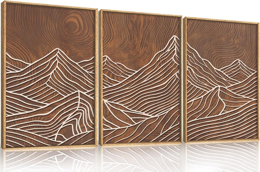 HPINUB Line Style Mountain Framed Canvas Wall Art Set, Vintage Tree Rings Wall Decor, Abstract Tree Spiral Wall Painting, Modern Nature Art Prints for Living Room,Bedroom,Farmhouse-24 x36 x3