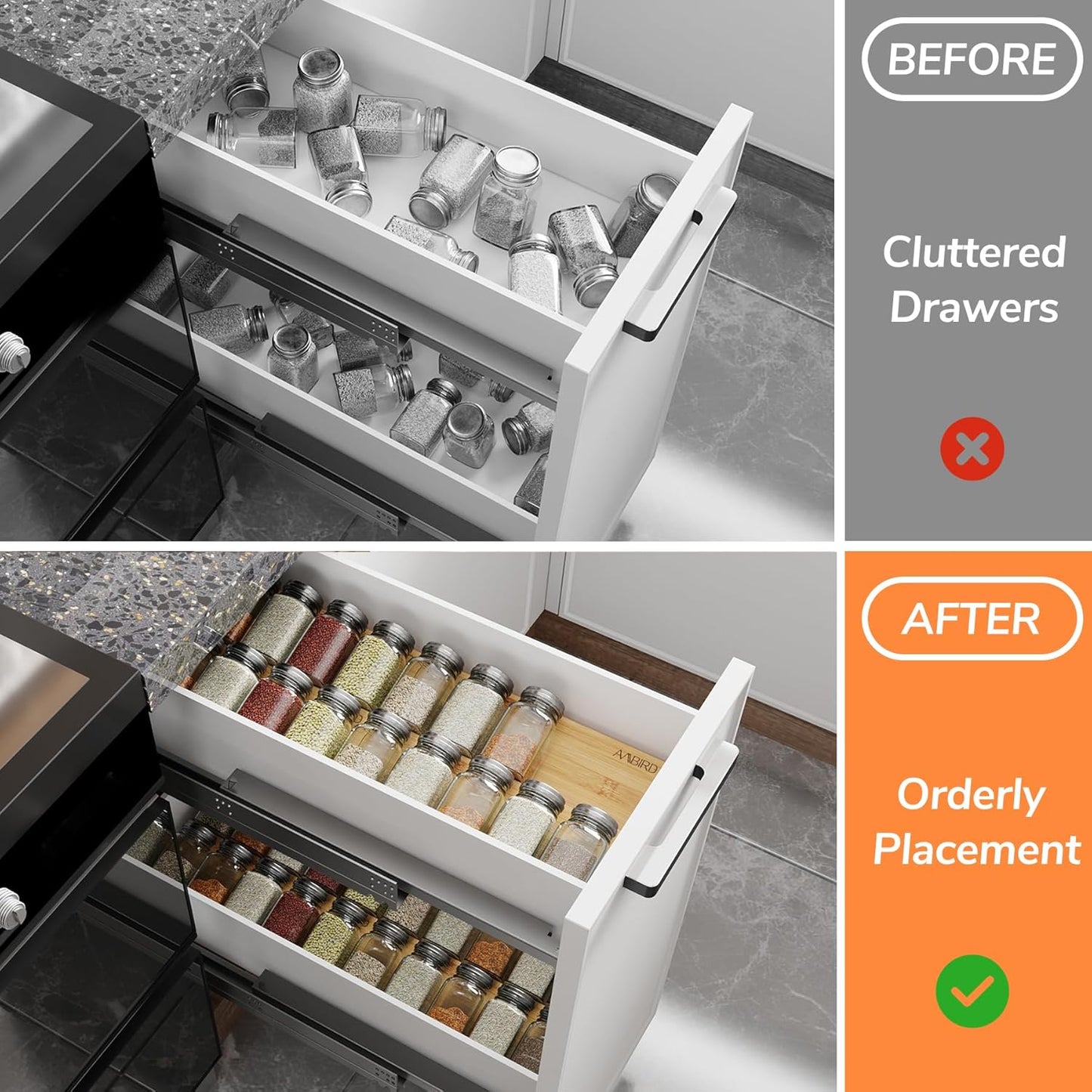 AMBIRD Bamboo Spice Drawer Organizer with Non-slip Mat,4 Tier Jar Spice Rack Tray 9.5'',Seasoning Organizer for Kitchen,Cabinet,Drawers,Countertop