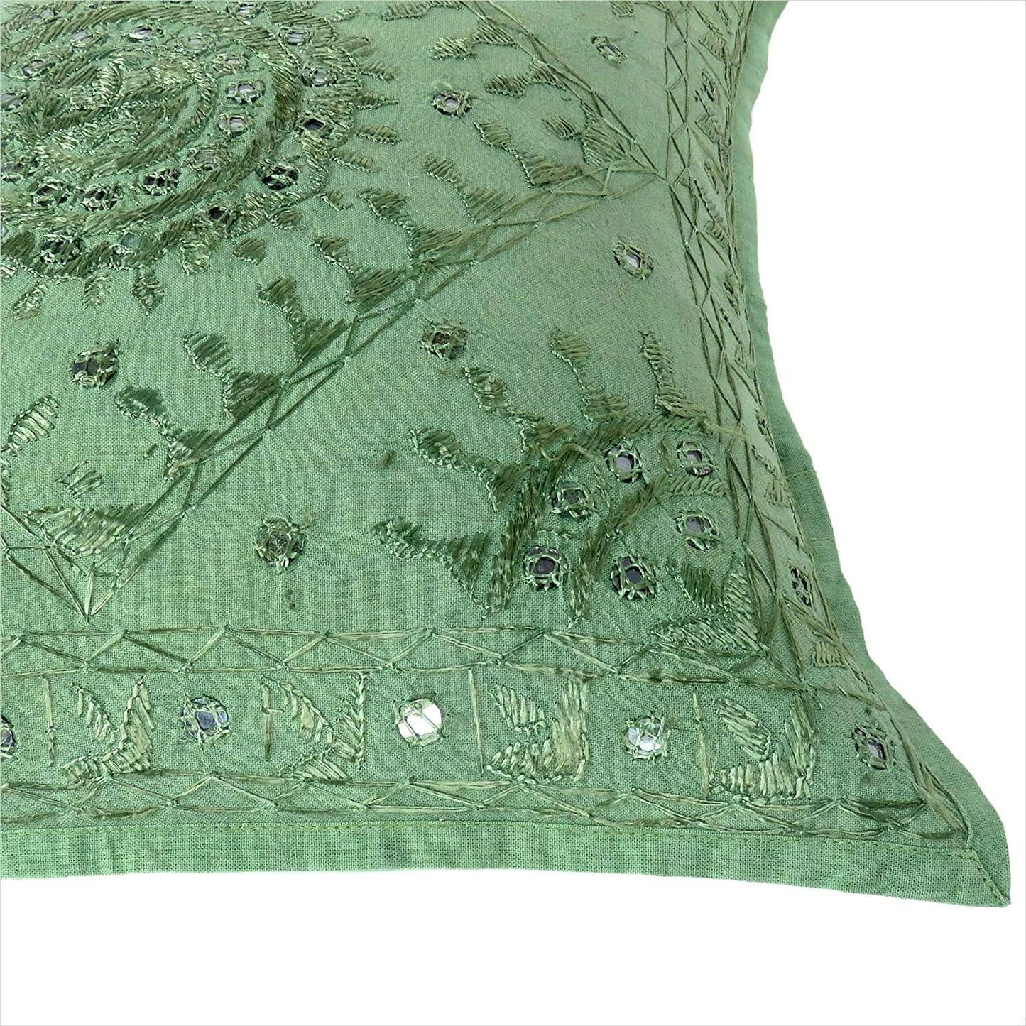 Eyes of India Embroidered Decorative Boho Throw Pillow Cover with Mirrors, Handmade Bohemian Accent Cushion Case for Sofa Couch Bedroom Living Room (Green, 16" x 16")