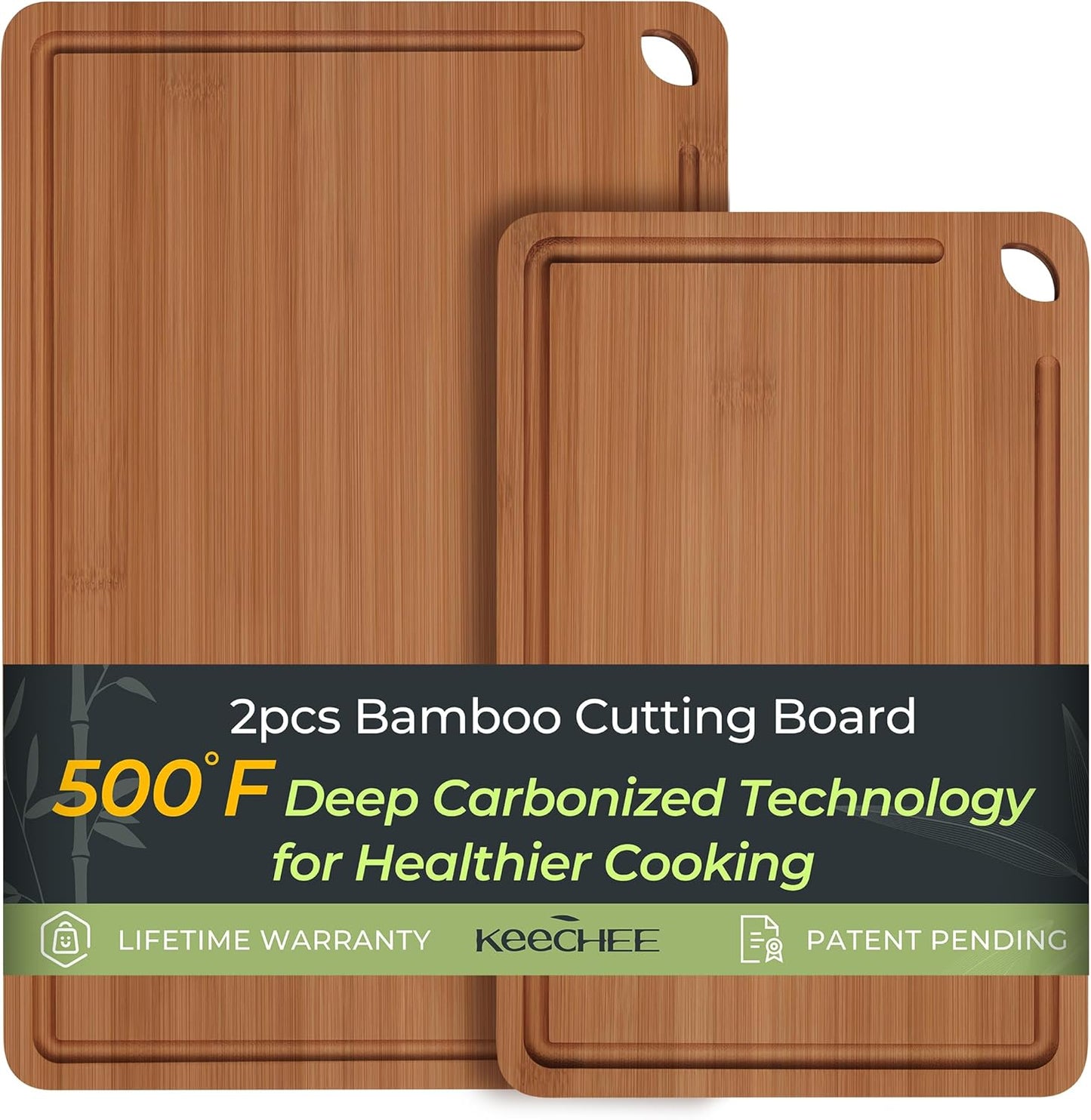 Butcher Block 2-Pcs Carbonized Bamboo Cutting Board Set With Juice Groove For Meal Prep & Cheese Serving - Ideal Kitchen Gift Set of 2 (M+L)