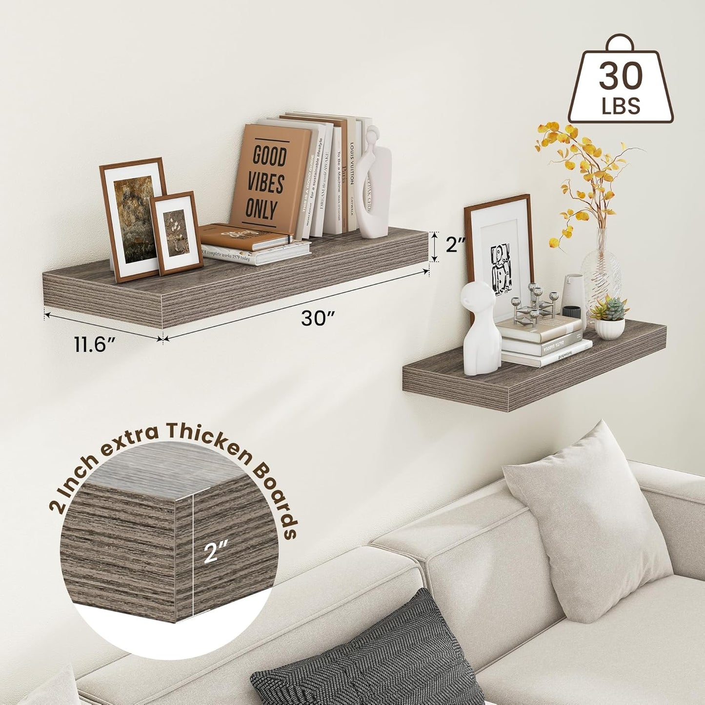 12 Inch Deep Floating Shelves for Wall | 30 Inch Floating Shelves Set of 2 | Rustic Grey Wood Shelves for Living Room Bathroom Laundry Room Bedroom Kitchen Home Office - Rustic Grey