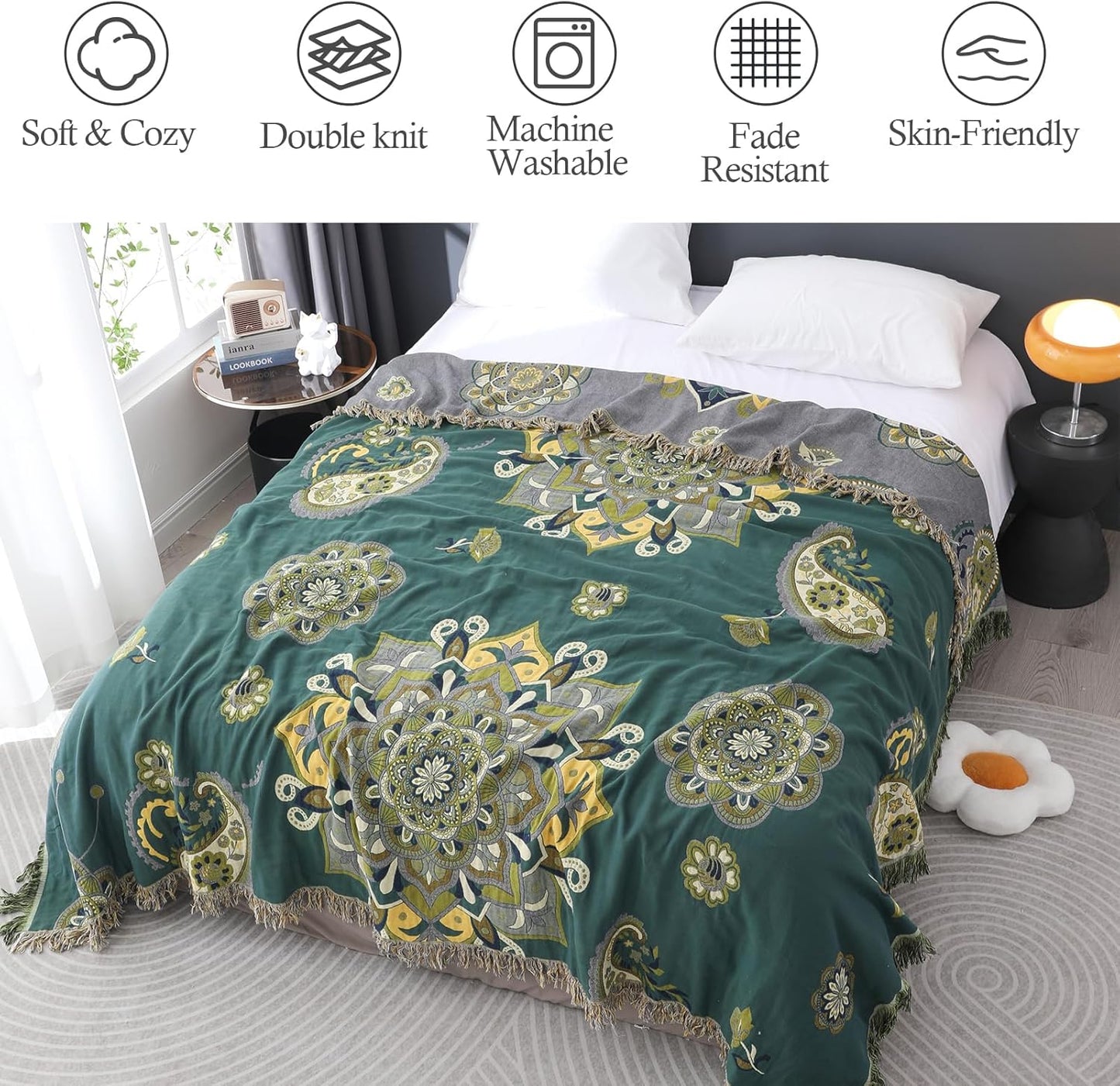Snycler Boho Throw Blanket for Bed - 100% Cotton Ultra Soft Rustic Quilt - Green Boho Floral Printed Farmhouse Decor Bed Blankets, 80"×90" All Season Rustic Throw for Sofa Couch Chair
