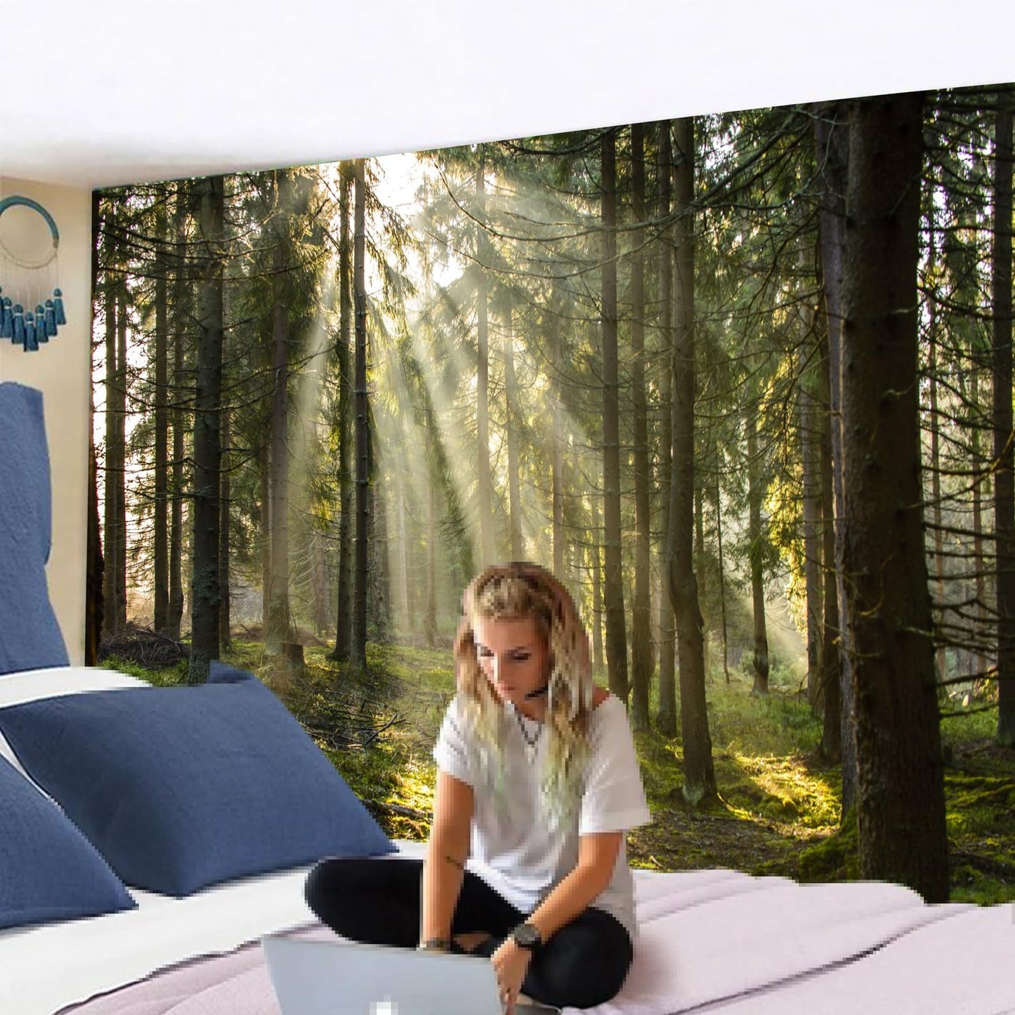 Onivein Forest Tapestry Nature Sunlight Streaming Through Green Trees Wall Hanging for Bedroom Living Room Office Decor 90 x 70 Inches