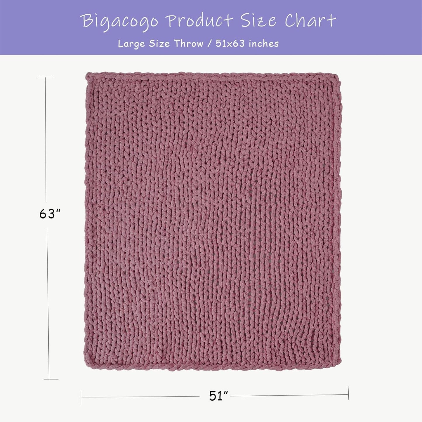 Bigacogo Chunky Knit Throw Blanket for Couch, 51x63 inches, 100% Hand Knitted with Thick Jumbo Chenille Yarn, Cozy Soft Large Rope Knot Cable Crochet Blankets for Sofa Bed Living Room, Burnt Rose