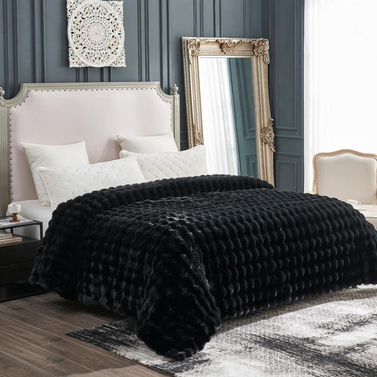Cozy Bliss Faux Fur Throw Blanket for Couch, Fuzzy Soft Plush Thick Bubble Blanket for Sofa Bedroom Living Room, 108 * 90 Inches Black