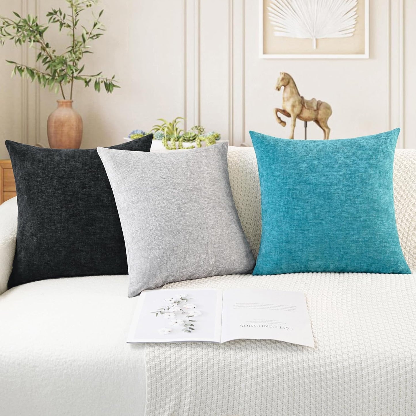 CaliTime Throw Pillow Covers Decorative 12 X 20 Inches Pack of 2 Cozy Chenille Cushion Cases for Couch Sofa Bed Living Room Home Lake Blue