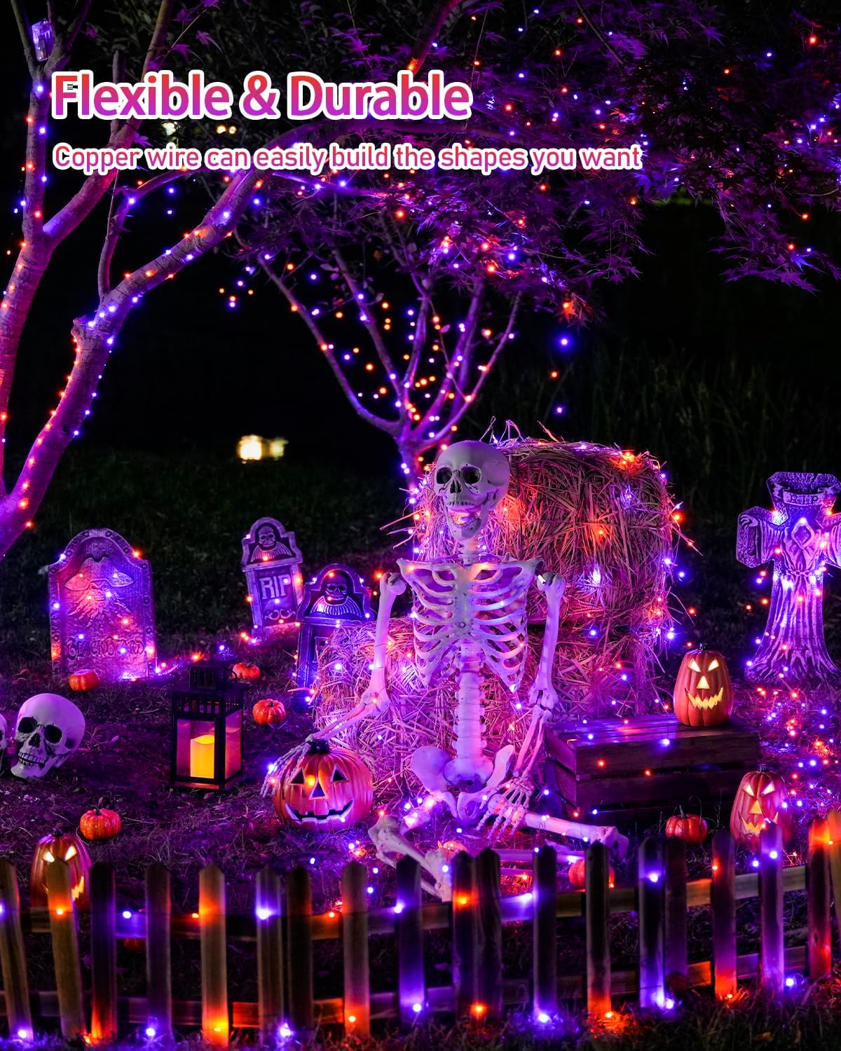 JMEXSUSS 2 Pack Solar Halloween Lights Outdoor Waterproof, Total 66FT 200 LED Orange and Purple Halloween Lights, 8 Mode Black Wire Solar Fairy String Light for Outside Yard Spooky Party Decorations