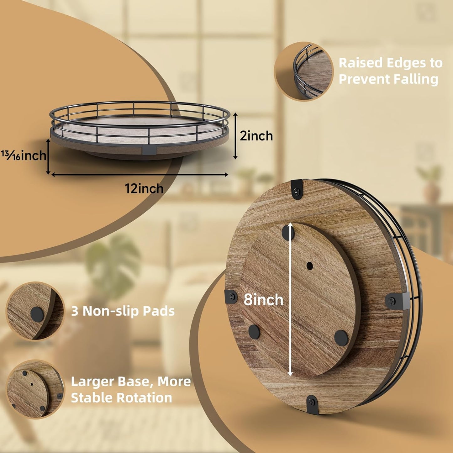 Acacia Wood 12" Lazy Susan Turntable Organizer for Table Top, Farmhouse Round Wooden Lazy Susan for Cabinet Kitchen Centerpieces Coffee Table, for Condiments Spices, Bathroom Vanity Tray Decor