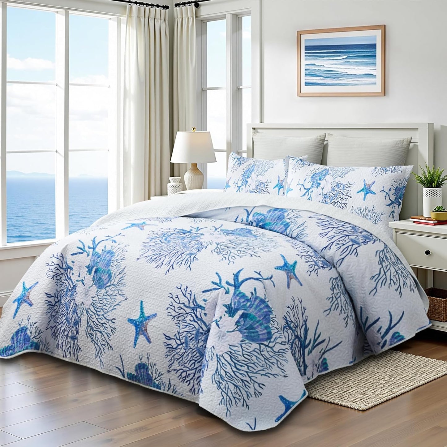 Coastal Bedding King Size Coastal Quilt with Sham, Nautical Beach Comforter Sets Ocean Bedspreads Blue Starfish Coverlet Summer Bedding, 68''x86''