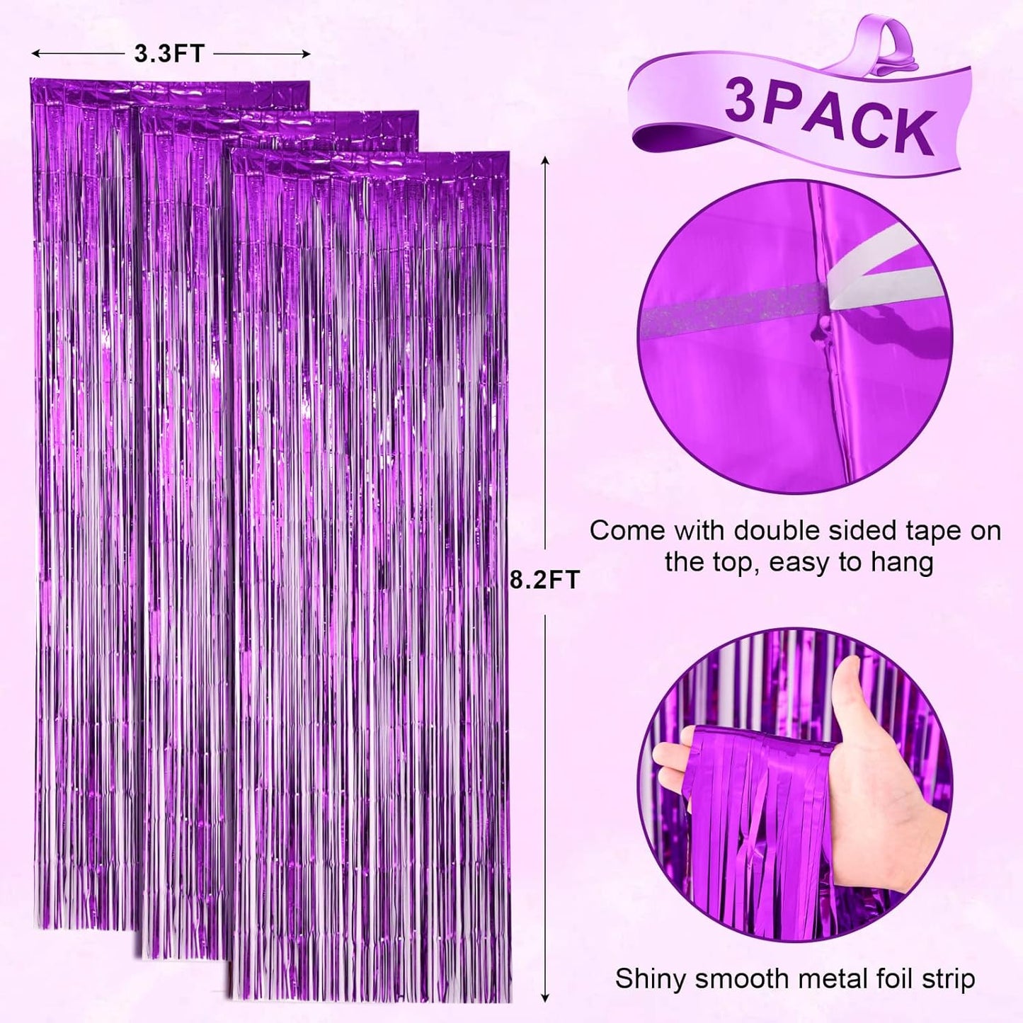 3 Pack 3.3x8.2 Feet Purple Foil Fringe Backdrop Curtains, Tinsel Streamers Birthday Party Decorations, Fringe Backdrop for Graduation, Baby Shower, Gender Reveal, Disco Party