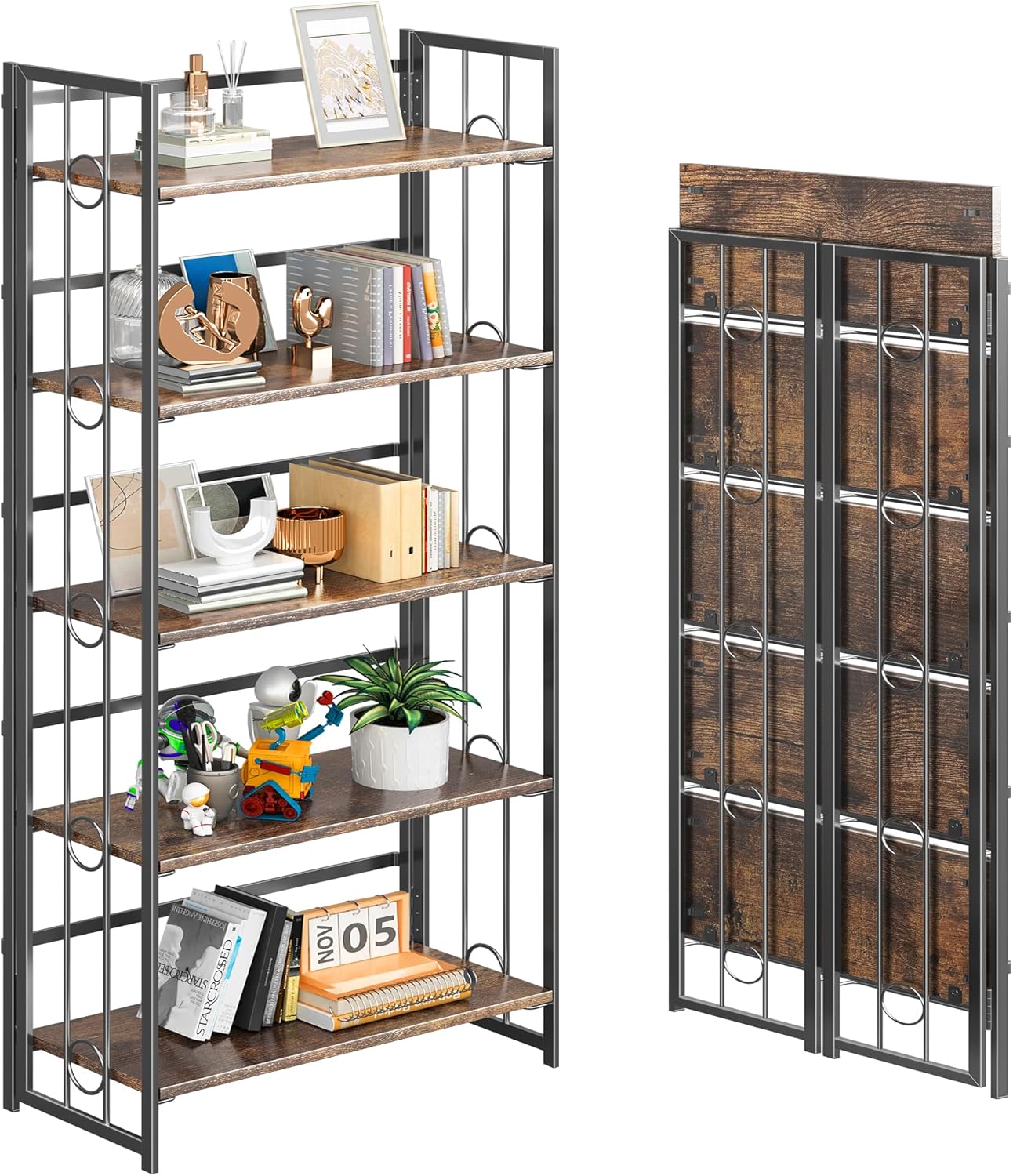 4NM No Assembly 5 Tiers Folding Bookshelf, 59.4" H Foldable Storage Shelves Vintage Bookcase Standing Racks Study Organizer Home Office - Rustic Brown Black