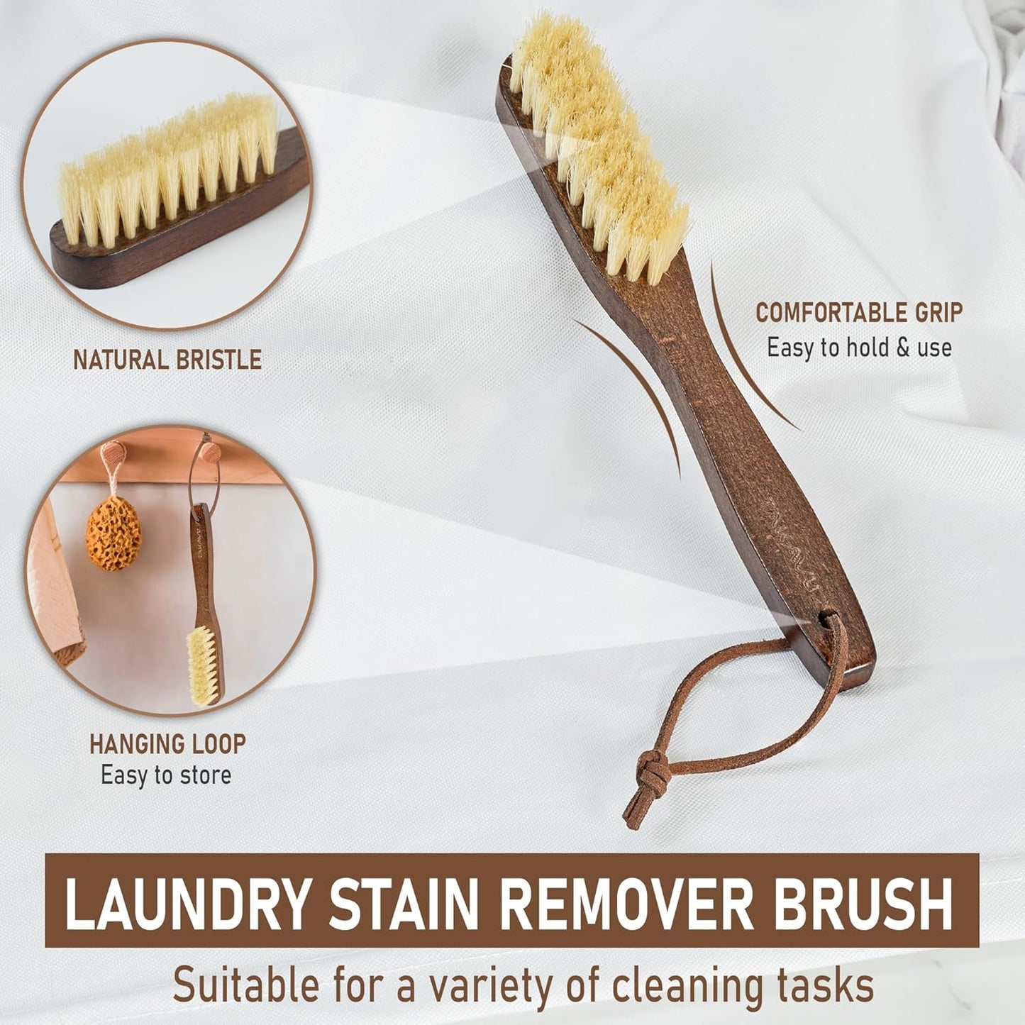 Takavu White Boar Bristle Laundry Stain Brush Set (2 Pack) - Small Spot Cleaner Scrubber for Clothes, Fabric Pre-Wash Treatment, Delicate Garment Care