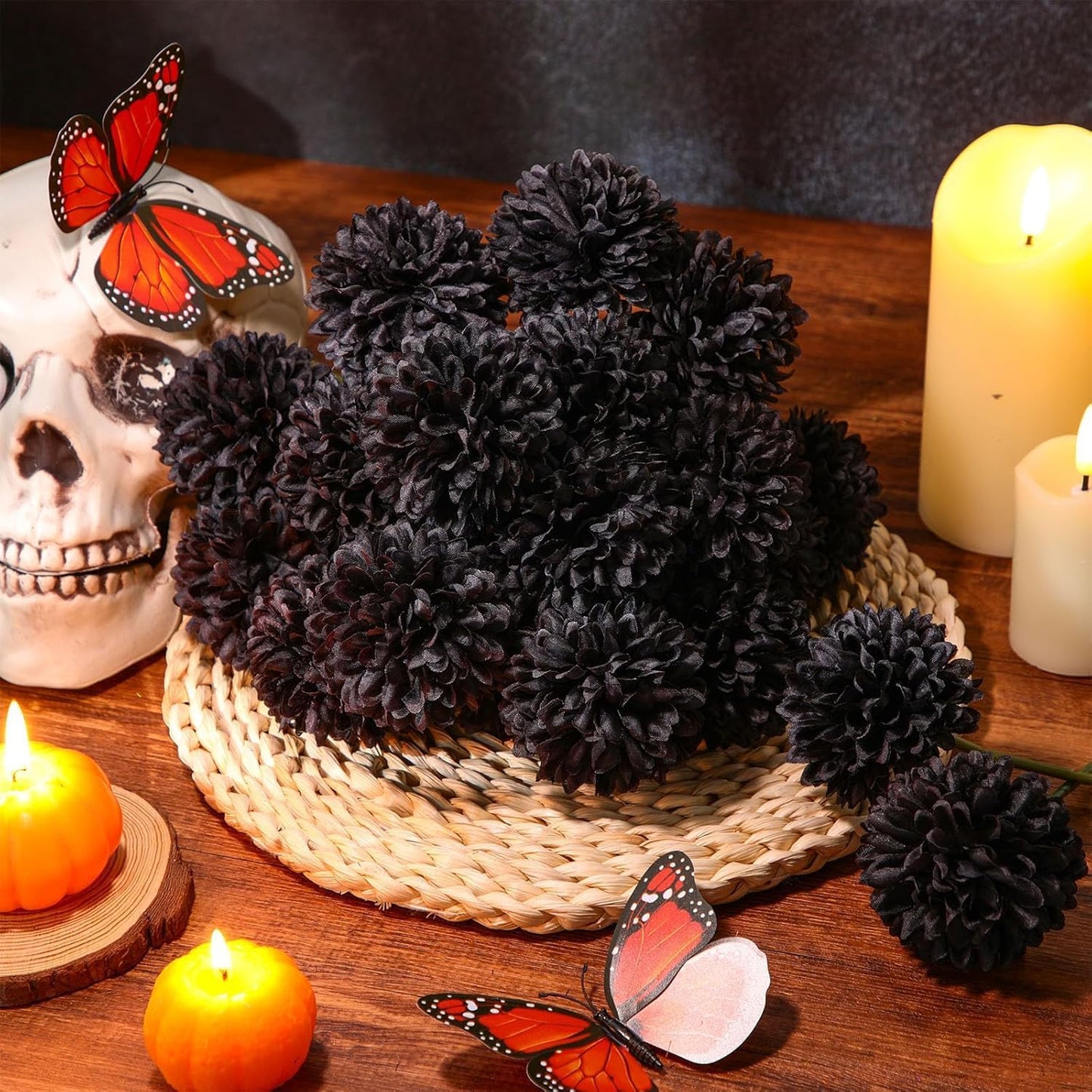 Kimura's Cabin 20Pcs Black Fake Ball Flowers Artificial Silk Chrysanthemums Faux Mums Flower Bouquets for Halloween Home Festive Party Decor Kitchen Table Centerpiece(Black)