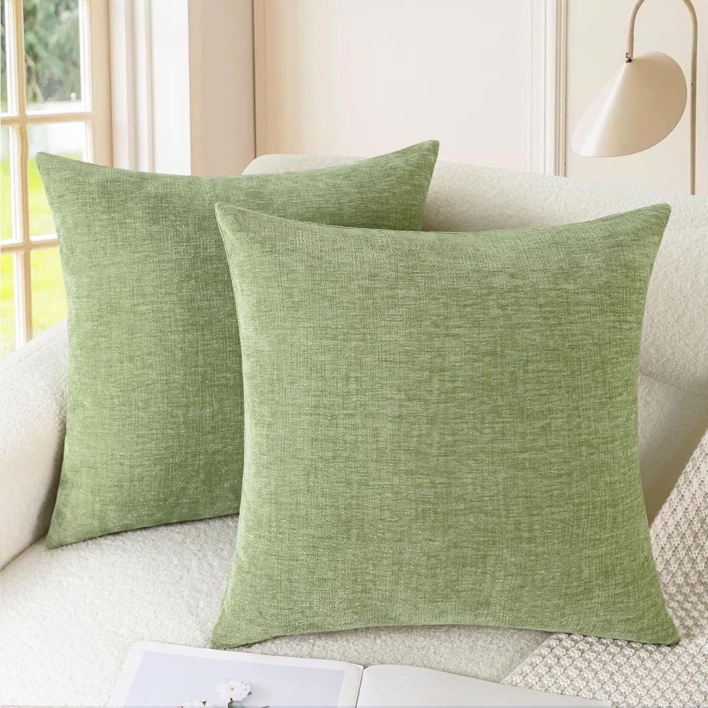 CaliTime Throw Pillow Covers Decorative 18 X 18 Inches Pack of 2 Cozy Chenille Cushion Cases for Couch Sofa Bed Living Room Home Sage Green