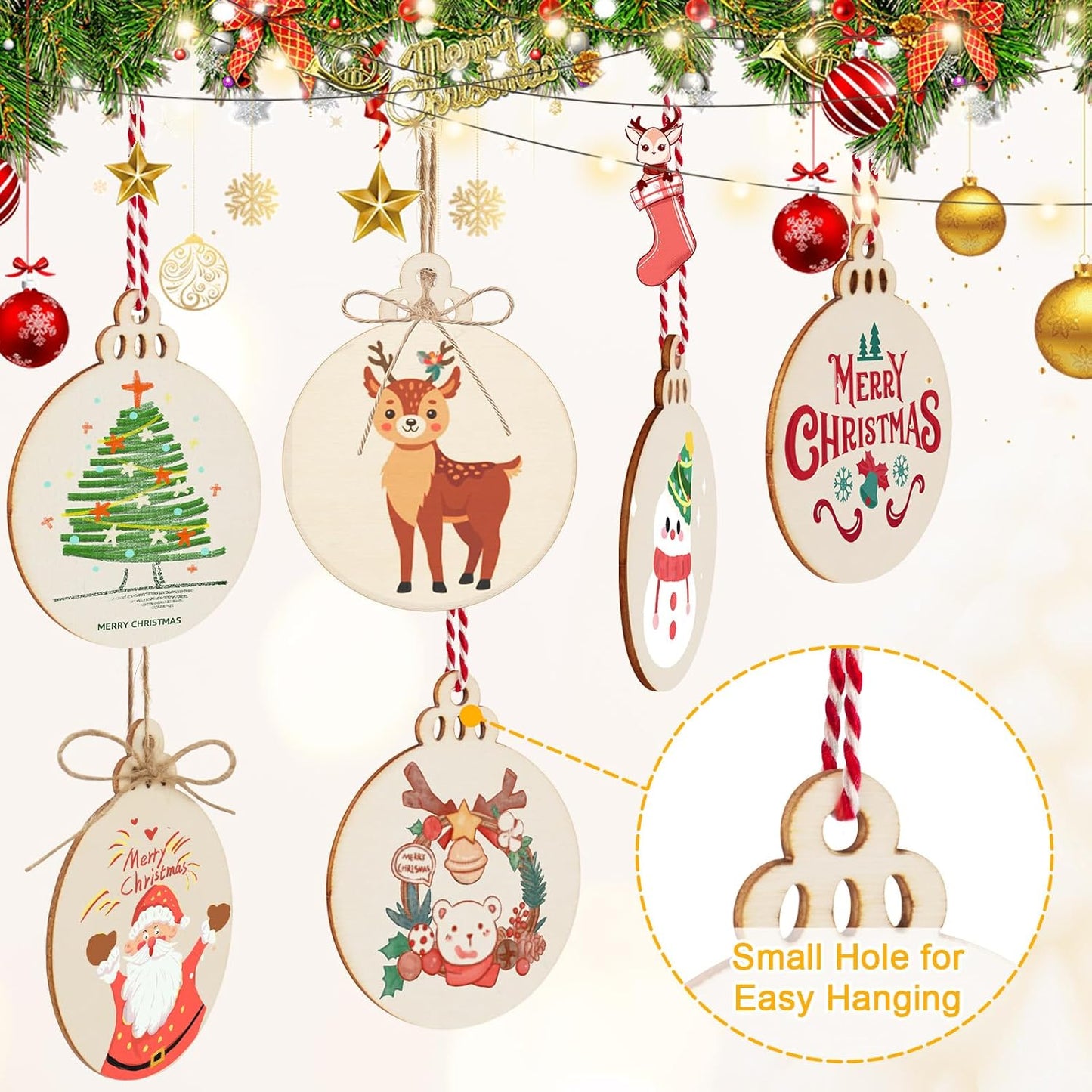 Philorn 50pcs Wooden Ornaments for Crafts 3.5" Unfinished DIY Wooden Christmas Ornaments, Predrilled Wood Slices Circles for Crafts Paint Holiday Hanging Decorations (50pc Christmas Ball)