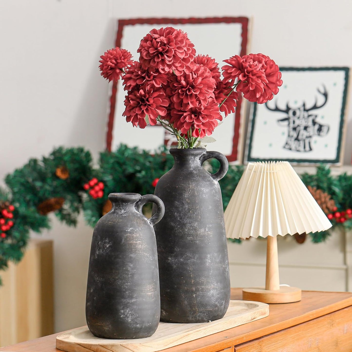 Ceramic Rustic Farmhouse Vase, 12.8" Large Rustic Black Pottery Vases Home Decor Decorative Boho Pampas Vase for Home Decor Table Living Room Decoration Shelf Mantel Enryway Kitchen