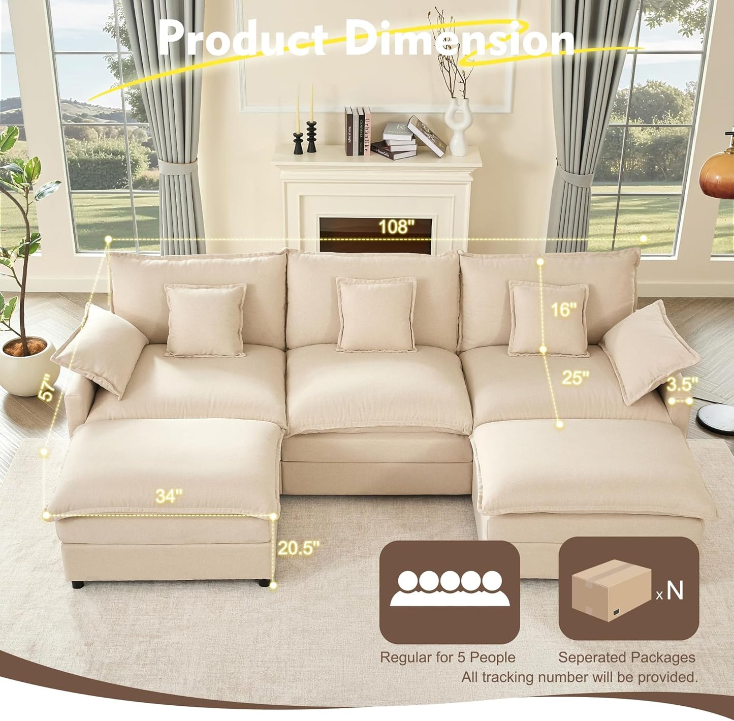 108" U Shaped Couch, Modular Sectional Sofa, 3-Seater Comfy Cloud Couch with Movable Ottoman, Deep Seat Couches for Living Room, Linen, Beige