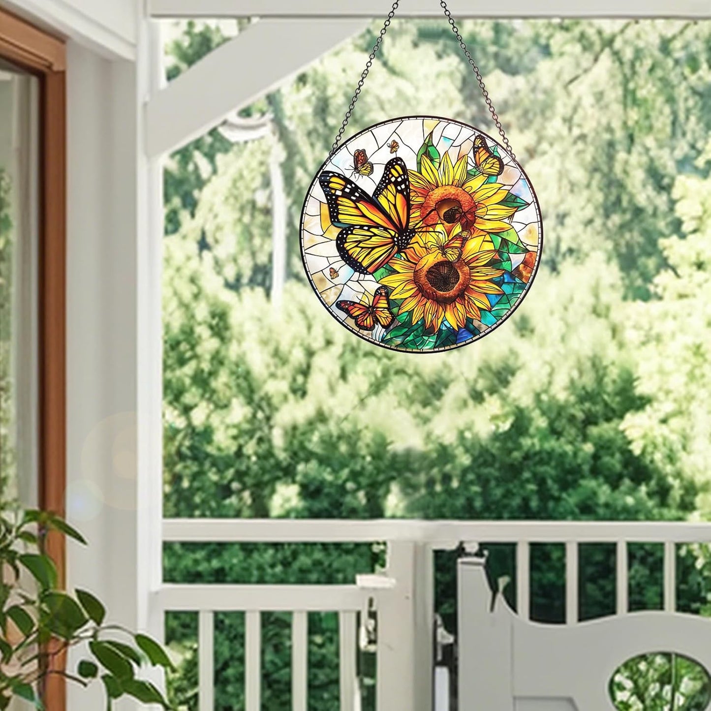 Stained Glass Window Hanging – Double-Sided Glass Sun Catcher with Chain – Memorial Window Art Panel for Home Décor, Spiritual Comfort, and All-Occasion Gifting
