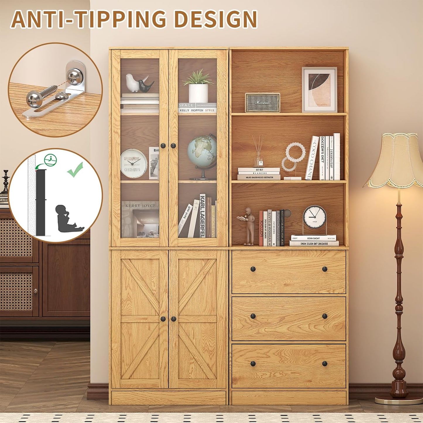 71" Tall Bookshelves Set of 2, Bookcase with Drawers & Bookshelf with Doors, Wooden Bookshelves Floor Standing Display Storage Shelves Home Decor Furniture for Home Office, Living Room,Natural