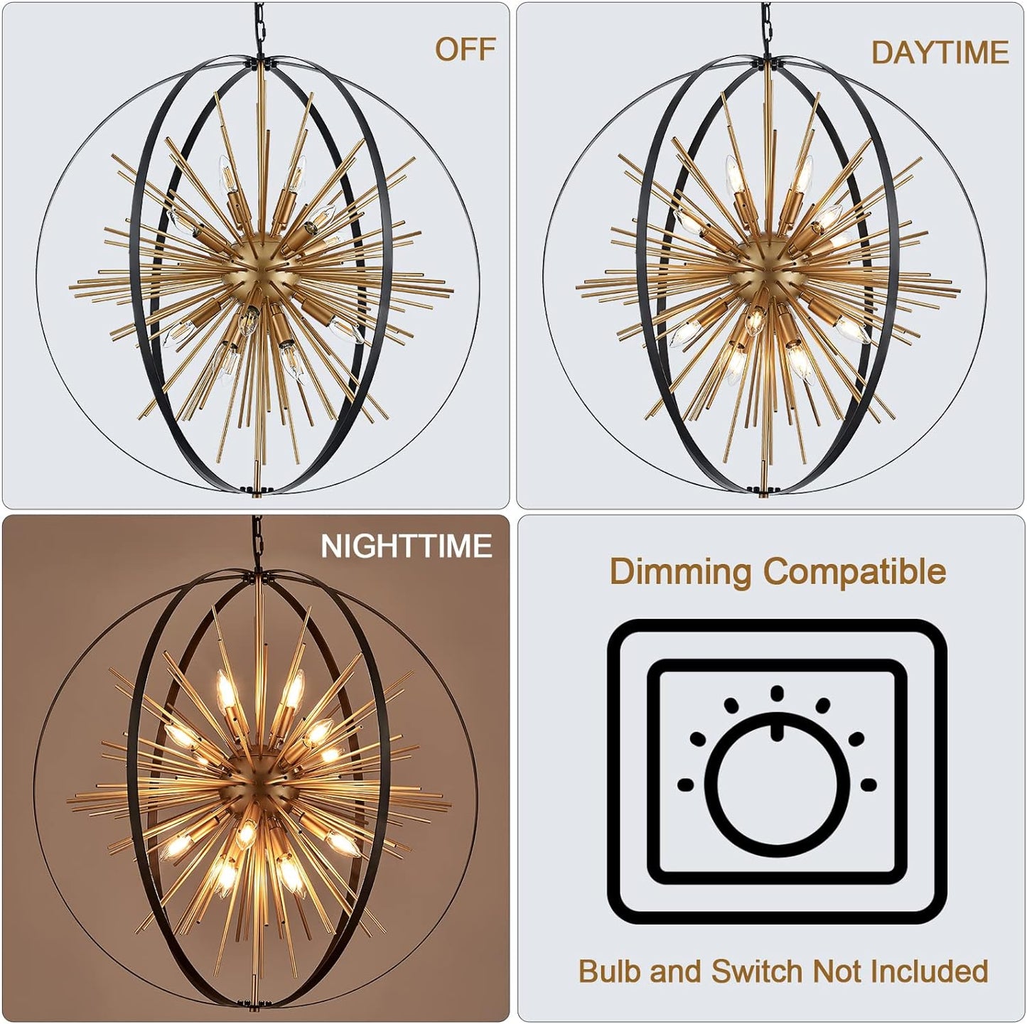 31.5" Black Gold 16-Light Globe Sputnik Chandelier Modern Industrial Adjustable Hanging Ceiling Firework Pendant Light Fixture for Entryway Foyer Stairway Bedroom Dining Living Room Hallway