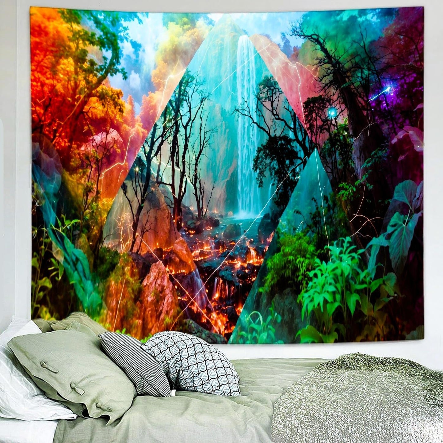 Delur Forest Tapestry Waterfall Mountain Rainforest Sunset Nature Tree Tapestry Wall Hanging Scenic Tropical Landscape Natural Sunrise Headboard for Bedroom Living Room Home Decor (51.2" x 59.1")