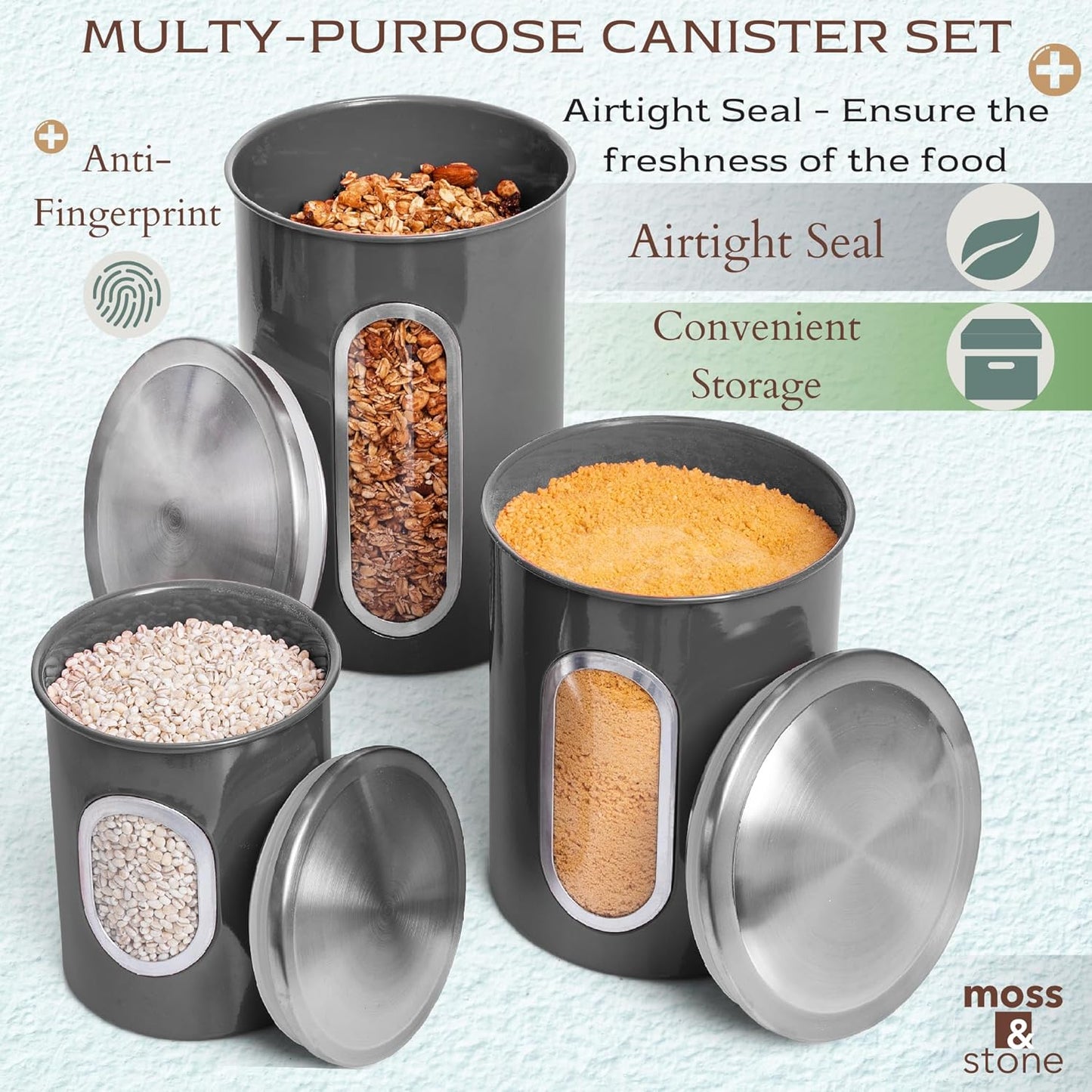 Moss & Stone 3-Piece Gray Canisters Sets For The Kitchen, Airtight Canister Set With See Through Window, Storage Jars for Coffee Container, Tea Organizer & Sugar Canister, Gray Kitchen Canisters