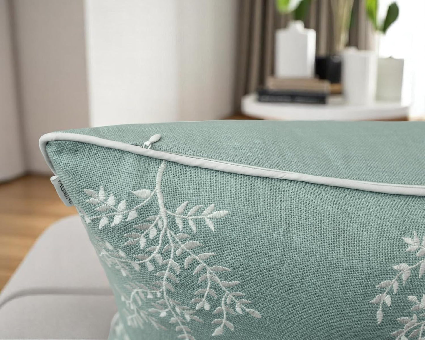 VAGMINE Embroidered Leaves Throw Pillow Cover - 20x20 Inches Square - 100% Cotton Light Teal Cushion Cover - Elegant Leaf Embroidery - Soft Boho Accent for Sofa, Lounge, Contemporary Décor