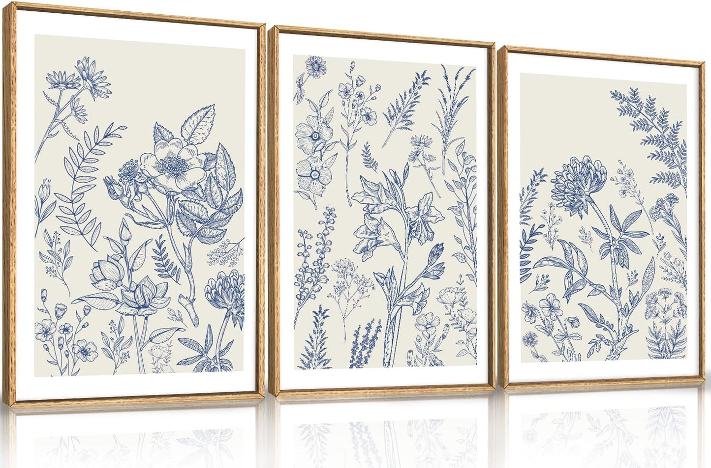 HPINUB Classic Chinoiserie Floral Framed Canvas Wall Art Set,Watercolor Blue and White Botanical Flowers Wall Decor,Navy Blue Minimalist Wildflower Art Print for Living Room,Bedroom,Office-24x36x3