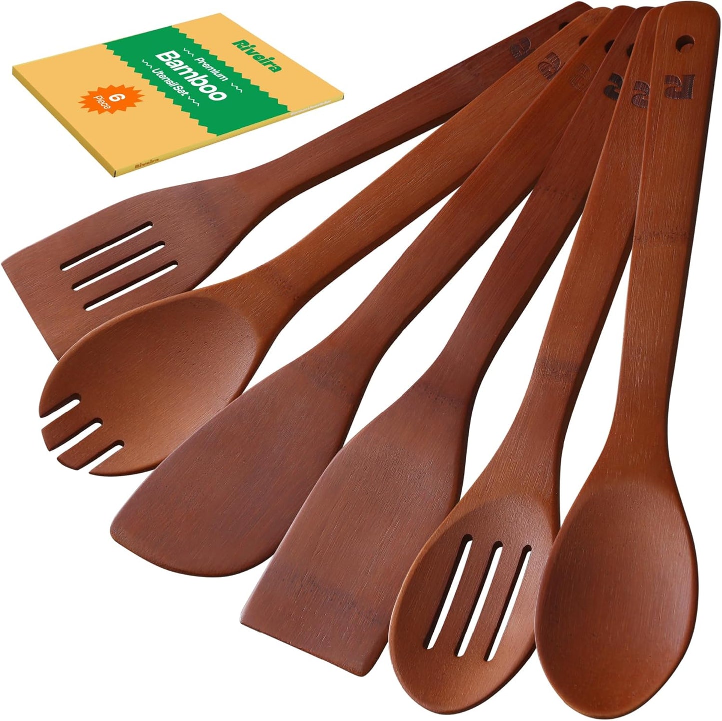 Riveira Premium Brown Bamboo Wooden Spoons for Cooking Set of 6 – Premium Brown Bamboo Wooden Cooking Utensils, Wooden Spatula, Wooden Spoon - Premium Quality Wooden Utensil Set for Non-Toxic Cooking