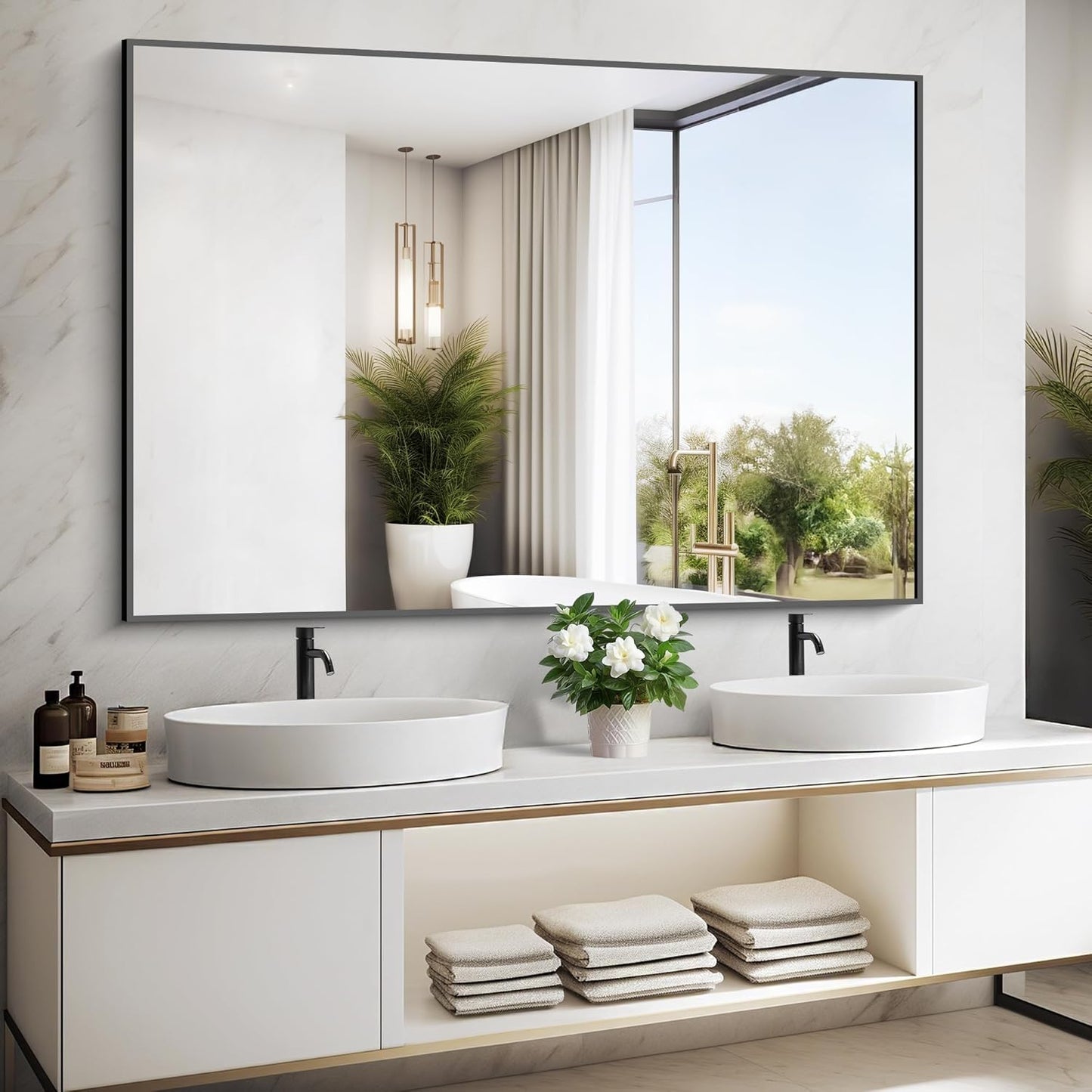 Bathroom Black Mirror, 36x55in Black Rectangle Mirror with Thin Metal Frame, Large Rectangular Wall Mirror for Bathroom, Living Room, Hair Salon, Big Farmhouse Mirror Hang Horizontal/Vertical