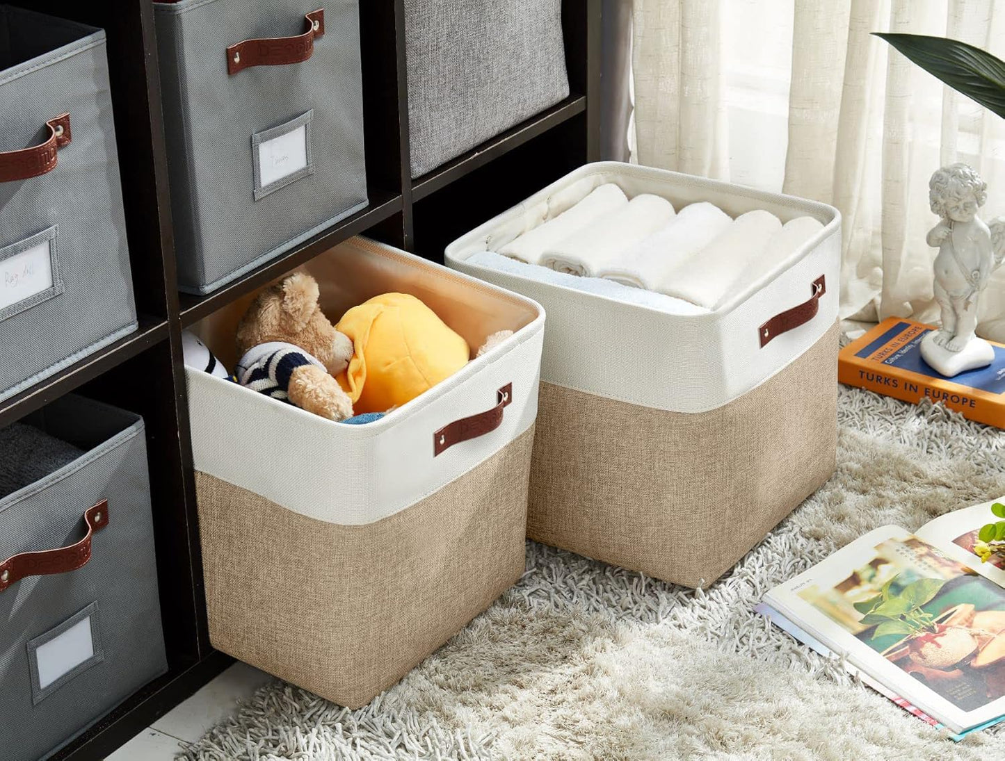 DECOMOMO Storage Cubes, 12x12 Storage Bins, Baskets for Shelves (Beige & White, Cube 12" - 4 Pack)