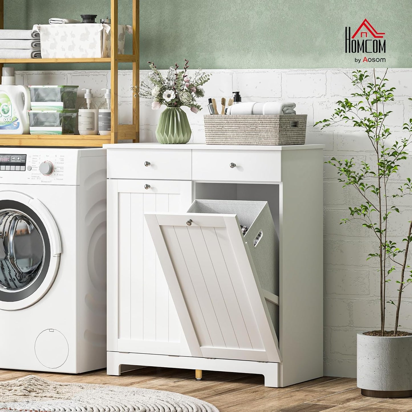 HOMCOM Laundry Hamper Cabinet with 2 Removable Baskets, Tilt Out Laundry Hamper Cabinet with 2 Drawers and 2 Beadboard Doors, Laundry Cabinet Bathroom Storage Cabinet, White