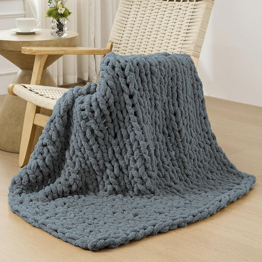 Bigacogo Chunky Knit Throw Blanket for Couch, 40x40 inches, 100% Hand Knitted with Thick Jumbo Chenille Yarn, Cozy Soft Large Rope Knot Cable Crochet Blankets for Sofa Bed Living Room, Iron Gray