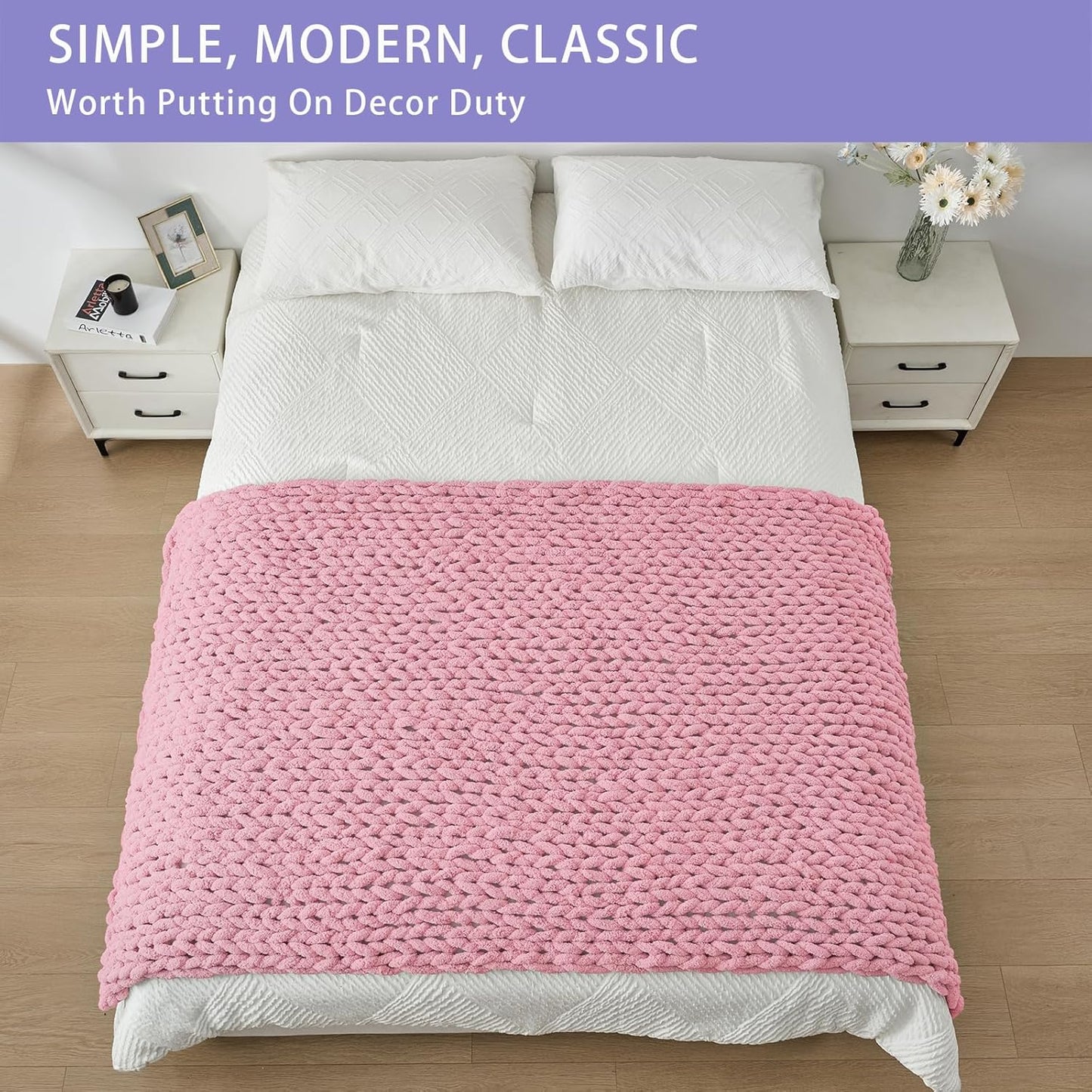 Bigacogo Chunky Knit Throw Blanket for Couch, 40x80 inches, 100% Hand Knitted with Thick Jumbo Chenille Yarn, Cozy Soft Large Rope Knot Cable Crochet Blankets for Sofa Bed Living Room, Blush Pink