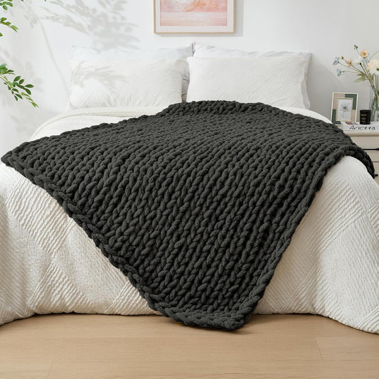 Bigacogo Chunky Knit Throw Blanket for Couch, 40x60 inches, 100% Hand Knitted with Thick Jumbo Chenille Yarn, Cozy Soft Large Rope Knot Cable Crochet Blankets for Sofa Bed Living Room, Dark Grey