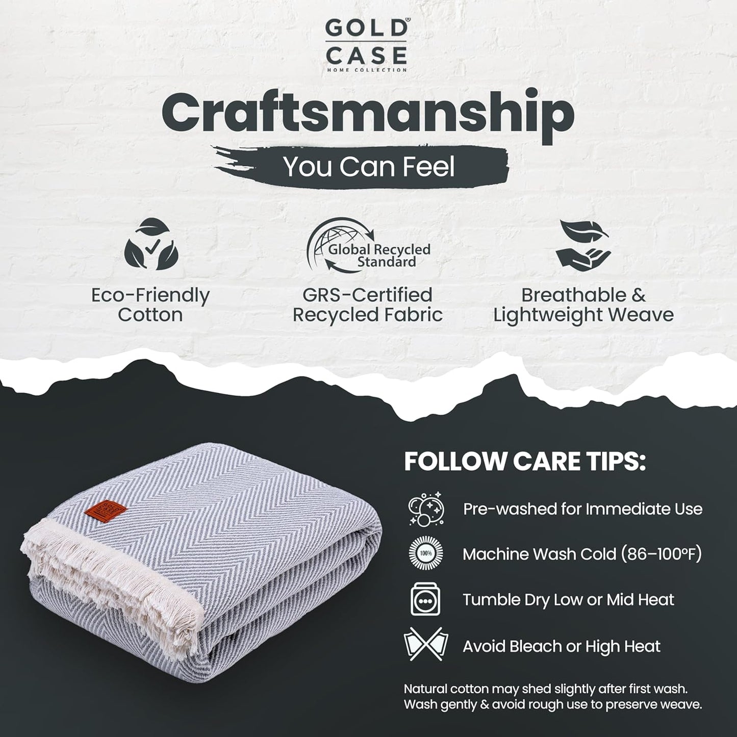 Gold Case Throw Blanket for Bed – 100% Recycled Turkish Cotton Bed Blanket – Decorative Throw Cotton Blankets for Living Room & Bedroom – Woven Twin Blankets - 71x90 - Elegant Grey