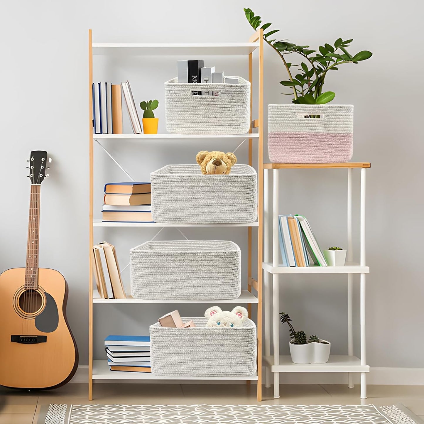 COMFY-HOMI Cotton Rope Woven Basket with Handles for Shelves,Toys,Book, Cloth Storage Baskets for Organizing-17" x 13" x 7.5" Toy Decorative Organizer for Living Room, Bathroom （All White）