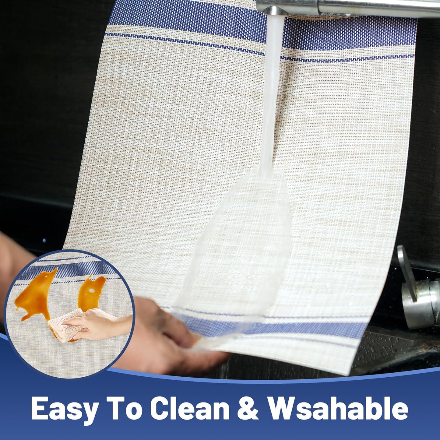 Placemats Set of 6，Non-Slip PVC Weave Table Mats Easy to Clean，Heat Resistant Place Mats for Kitchen Dining Table Decoration Indoor Outdoor，Khaki Blue