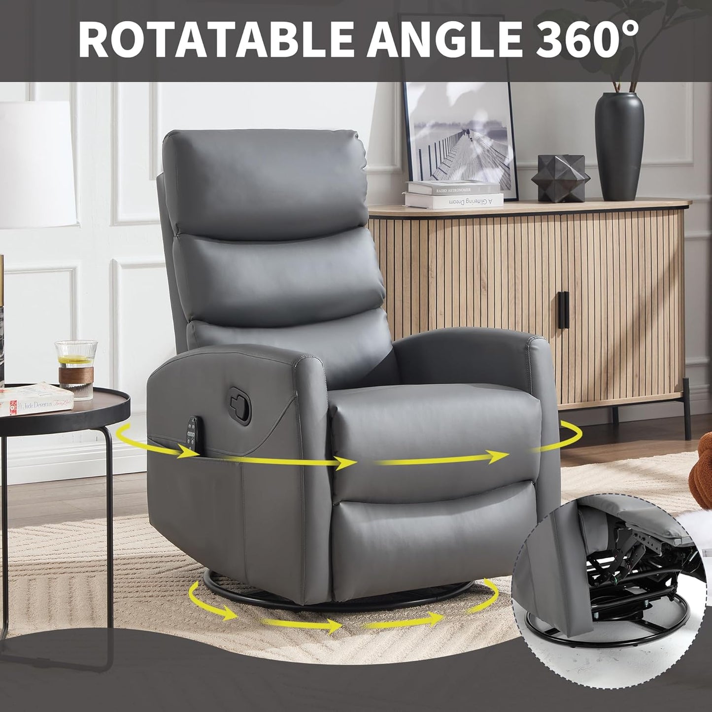Manual Swivel Rocker Recliner Chair for Adults, Overstuffed Reclining Glider Chair for Nursing with Vibration Massage & Heat, Living Room Rocking Recliner 3-Stage backrest, Faux Leather Gray