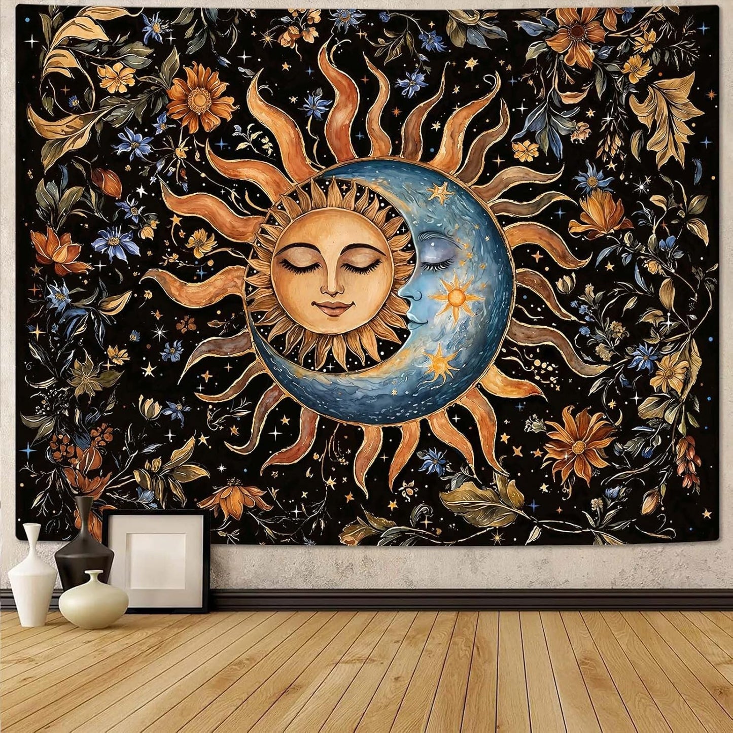 Aipon Sun and Moon Tapestry for Bedroom Boho Vintage Floral Hippie Wall Tapestry Aesthetic Retro Flower Plant Small Tapestries Wall Hanging for Living Room Dorm Decor 60 x 44 Inch