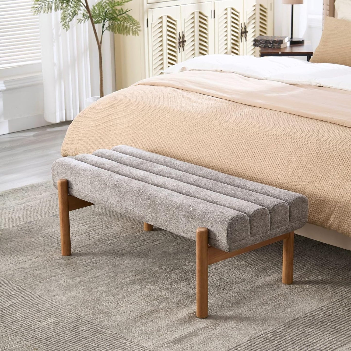 Upholstered Bench Grey Modern End of Bed Bench Chenille Fabric Bedroom Bench for Entryway Living Room Vanity Makeup Room, 47" Long, Wooden Legs