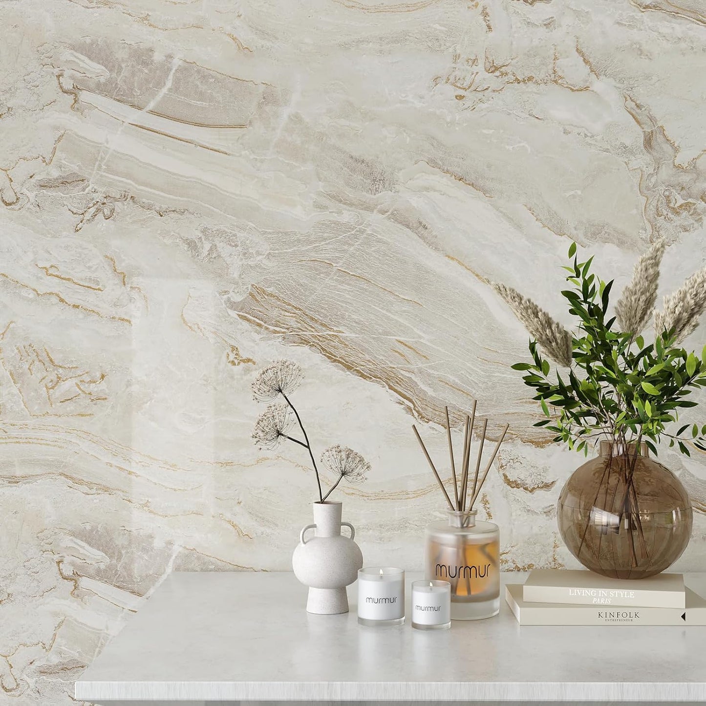 VEELIKE Large Size Marble Contact Paper Peel and Stick Countertops for Kitchen Waterproof Beige Gold Marble Wallpaper for Countertops Walls 32''x118'' Self Adhesive Countertop Vinyl for Bathroom Desk