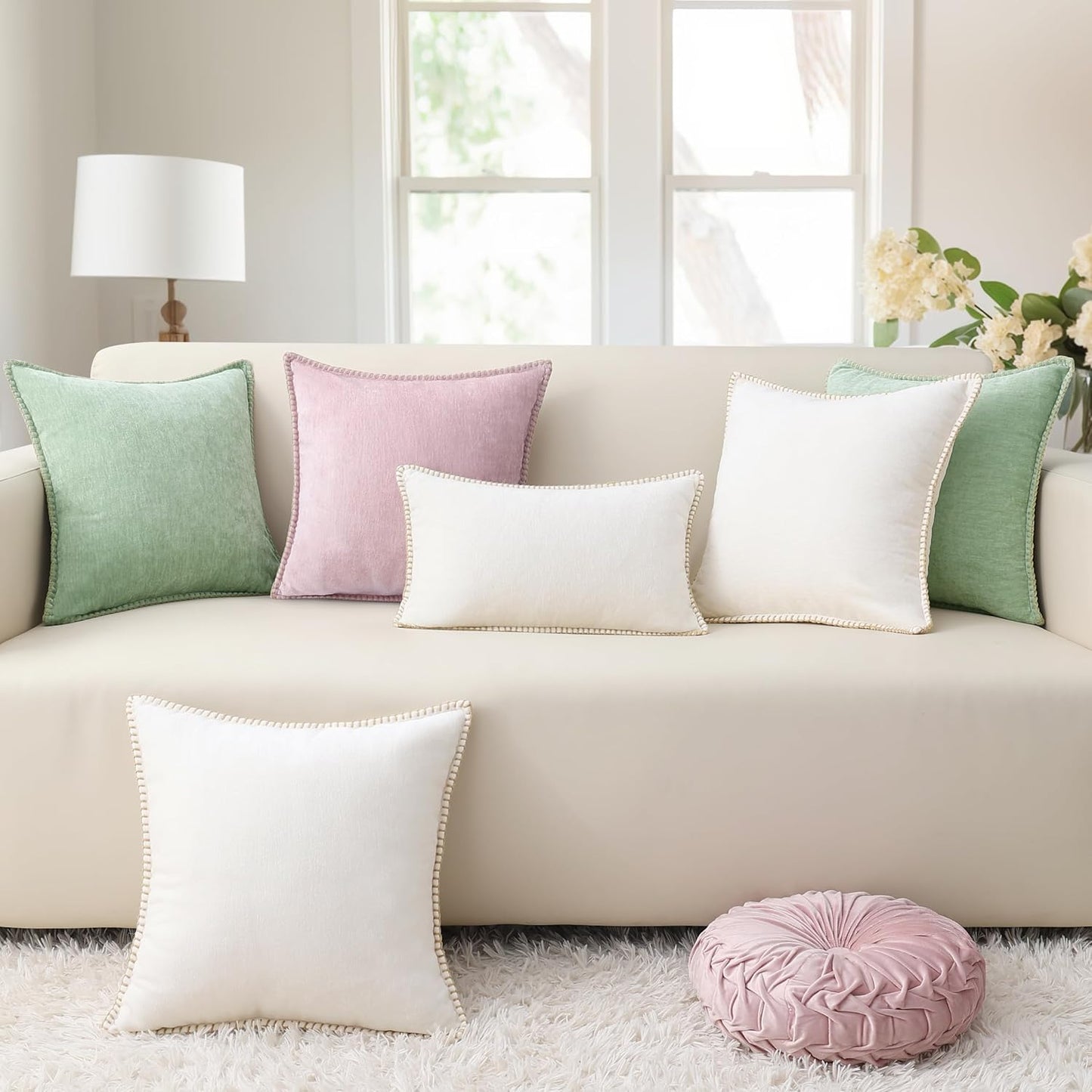 decorUhome Chenille Soft Throw Pillow Covers 22x22 Set of 2, Farmhouse Velvet Neutral Decorative Euro Pillow Covers with Stitched Edge for Couch Sofa Bed Home Decor, Blush Pink