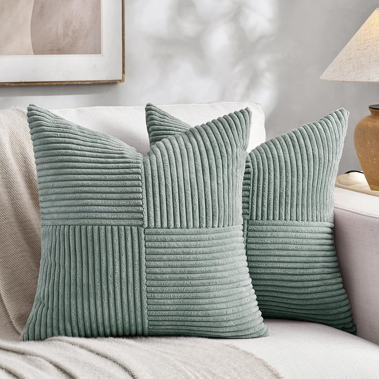 Fancy Homi 2 Packs Grey Blue Euro Decorative Throw Pillow Covers 24x24 Inch for Couch Bed Sofa, Rustic Farmhouse Boho Home Decor, Soft Corss Corduroy Patchwork Accent Big Square Cushion Case 60x60 cm