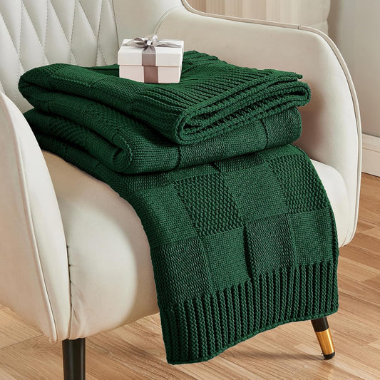 CozeCube Knit Throw Blanket, Green Checkered Throw for Couch, Soft Cozy Warm Knitted Blanket for Bed Sofa Living Room, 60"X80", Forest Green