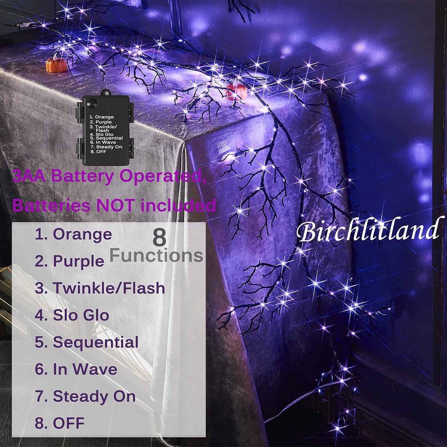 Birchlitland Halloween Lighted Garland 6FT 120L Orange and Purple Bi-Color LED Lights 8 Functions, Black Glittered Garland Lights Battery Operated for Indoor and Outdoor Halloween Party Decoration