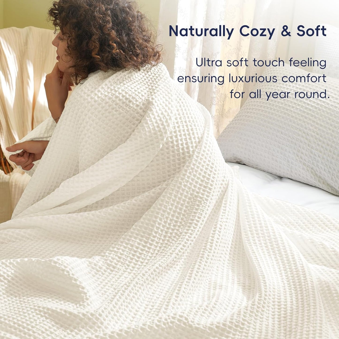 PHF Ultra Soft Waffle Weave Throw Blanket 50"x 60"- Washed Lightweight Breathable Cozy Woven Blanket for Bed - Aesthetic Decor for Couch Bedding Sofa Home Car - Coconut White