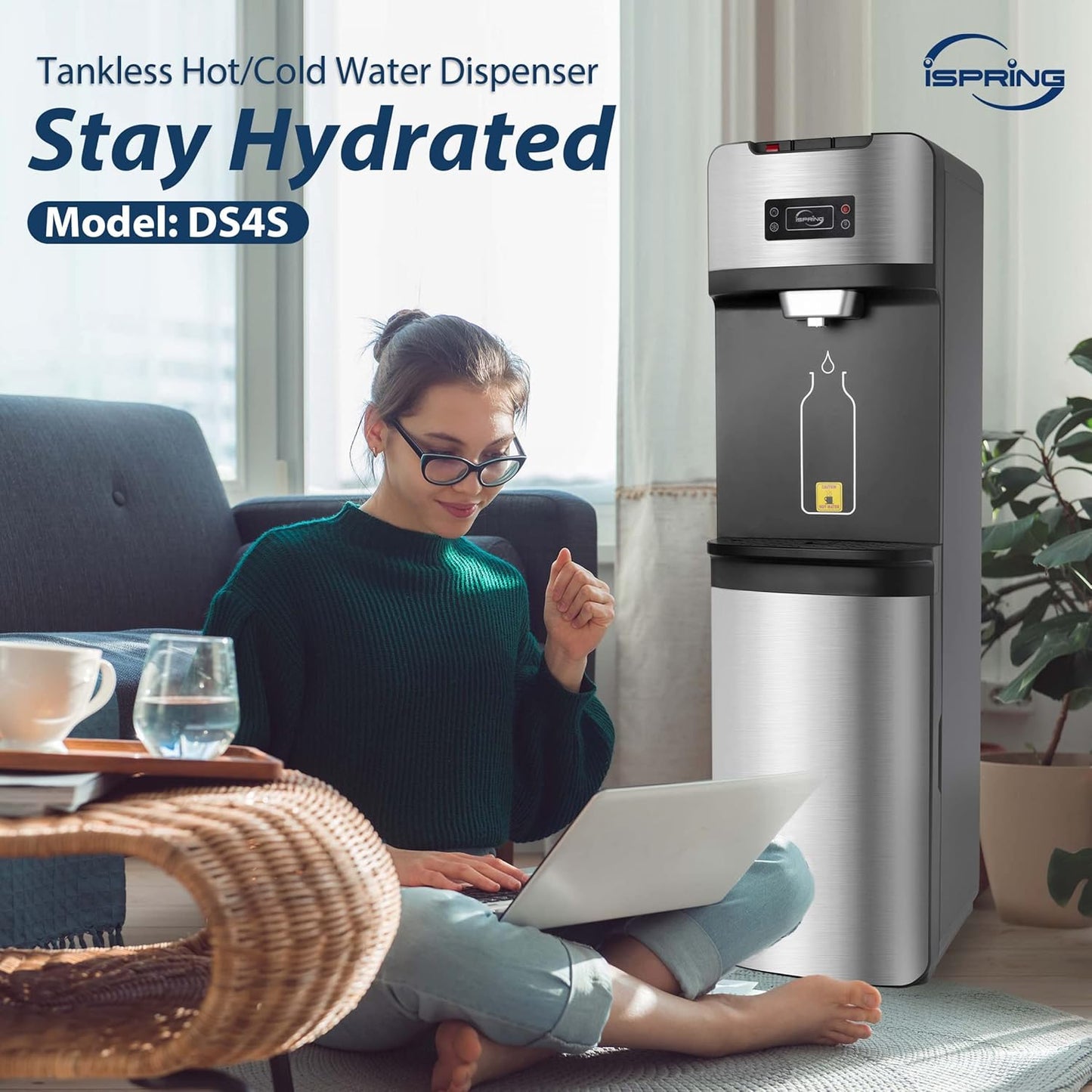 iSpring Bottleless Water Dispenser with Built-in 4-Stage Filtration, Hot/Cold/Room Temp, Self Cleaning, Stainless Steel, Model: DS4S