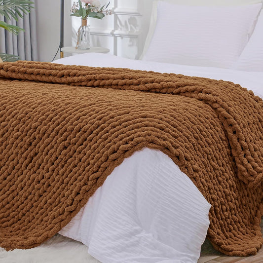 Bigacogo Chunky Knit Throw Blanket for Couch, 40x80 inches, 100% Hand Knitted with Thick Jumbo Chenille Yarn, Cozy Soft Large Rope Knot Cable Crochet Blankets for Sofa Bed Living Room, Caramel